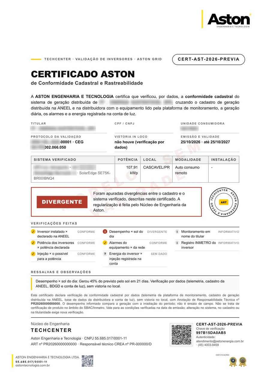 Prévia do Certificado Aston de Conformidade Cadastral com os dados do titular borrados